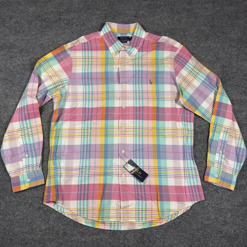 Polo Ralph Lauren Shirt Classic Fit Mens L Multi Cotton Plaid Pastel LS NWT